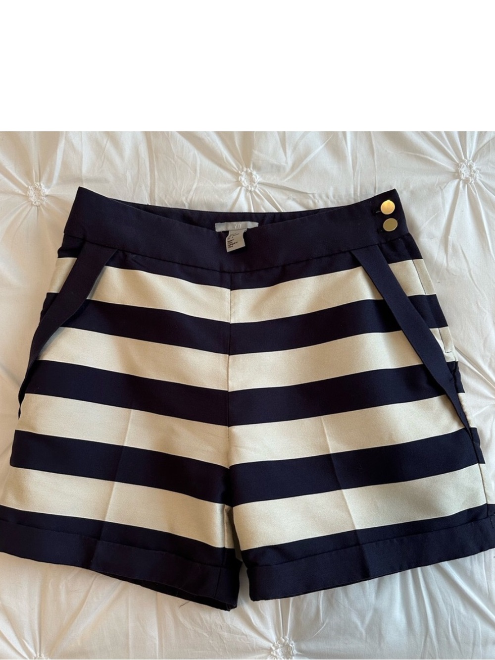 H&M Navy and Cream Horizontal Stripe High-Rise Shorts